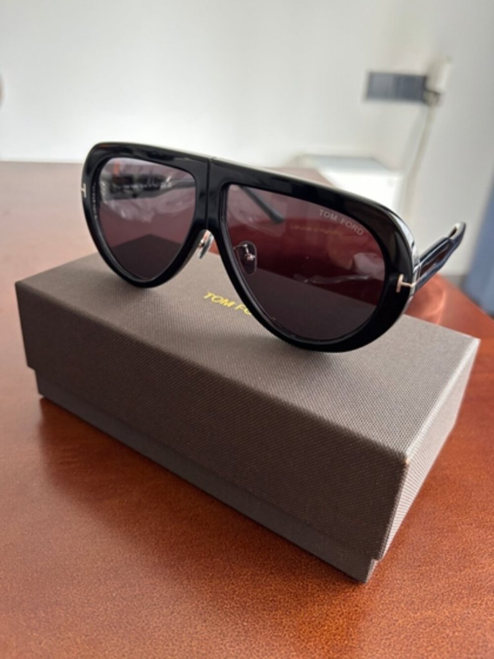 Tom Ford Black Sunglasses with Dark Red-Tinted Lenses
